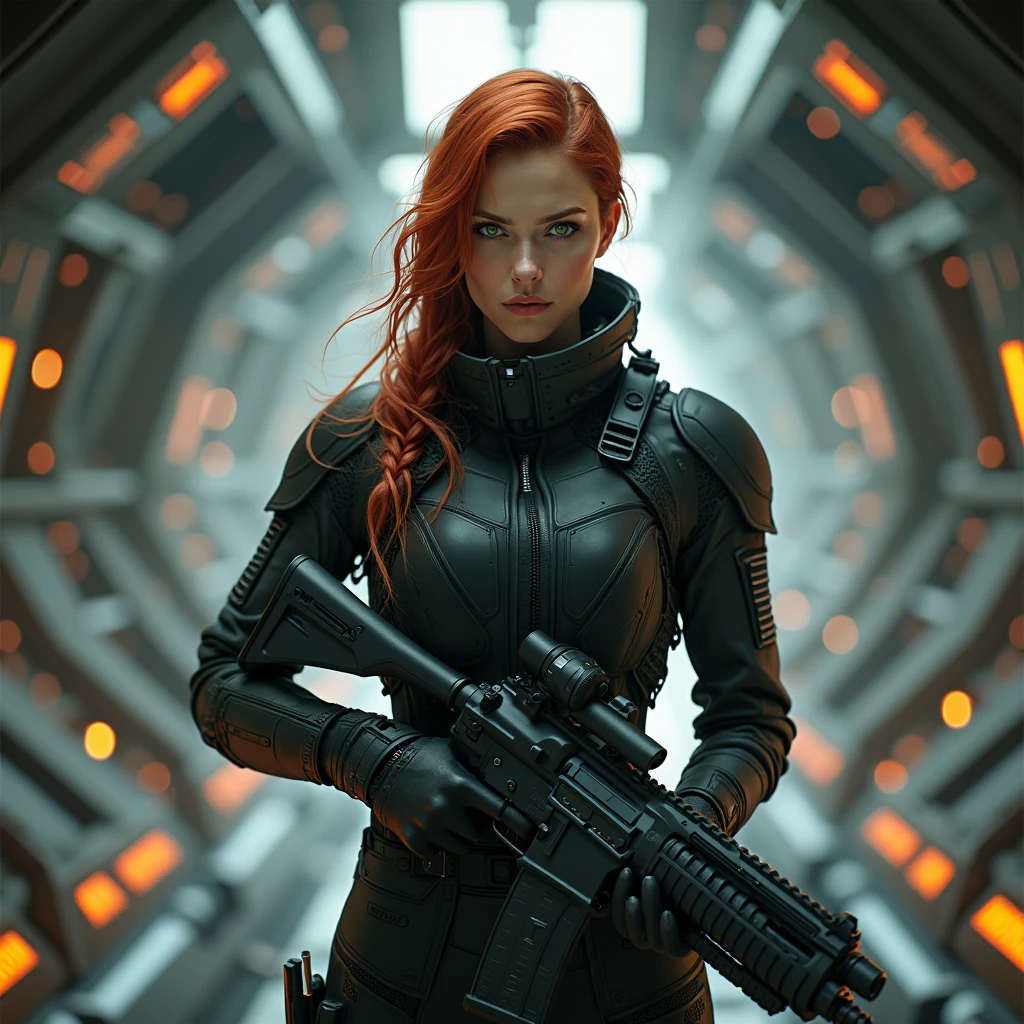 Concept art, woman, red hair, 2, atletic body, soldat, futuristic, all black, ultrarealist, full body