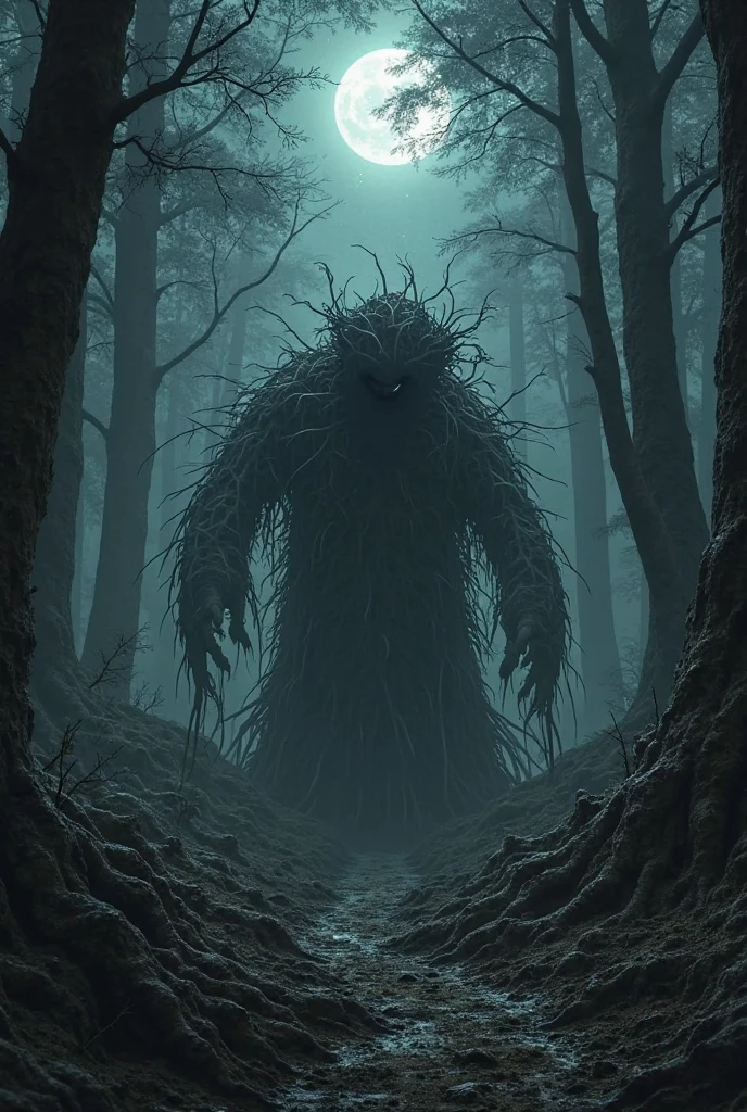 Faceless humanoid monster in the dark forest