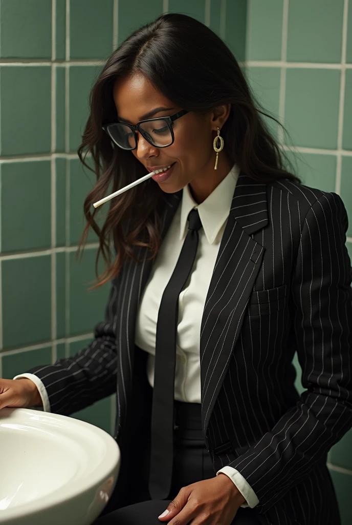 Best quality dark skinned woman with short hair sucking lollipop with glasses old school underground wearing a black and yellow suit