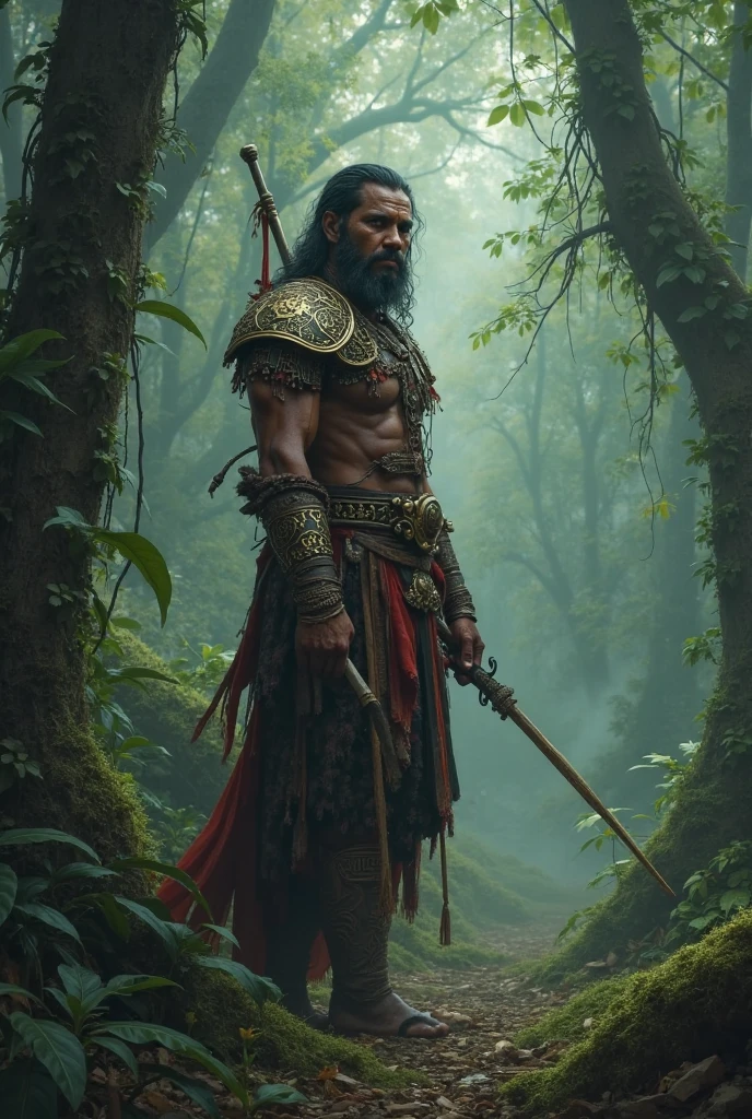 A Hunter man with black skin and a fat, strong body. using bow and arrow to hunt, He uses a tiger skin as a cape and clothes in green and white colors., He wears a wooden helmet with a large colorful feather.,
Experienced hunter with scars.