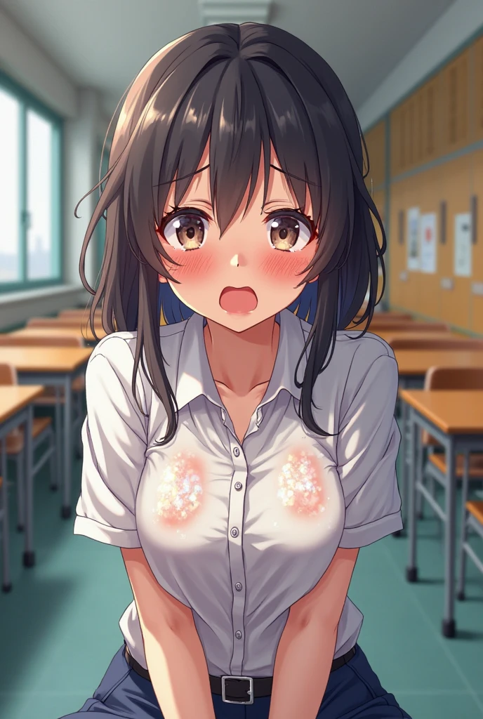 One girl with black bob hair、Completely naked、A middle-aged man is forcibly groping her breasts、Standing posture、classroom、Shyness、Crying face、resistance、fear