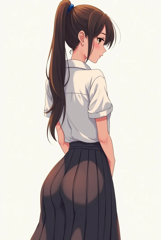 One person、masterpiece、Highest quality、Super detailed、High resolution illustrations、Improve skin quality、Increase eye appeal、Drawn in detail、Perfect body structure、Old woman、Business suit and tight skirt、Top of the stairs、Back view、look back、Lift up the skirt、Showing her grey panties、Are thin、Tall、Small butt、Small waist、Skin blemishes、Skin wrinkles、Aged skin、Wrinkled skin、Outdoor、Embarrassing、Bad mood、Sweat it out、Sigh、Heat、Black Hair、Downcast eyes、mole、お尻にmole、Long Hair、ponytail、