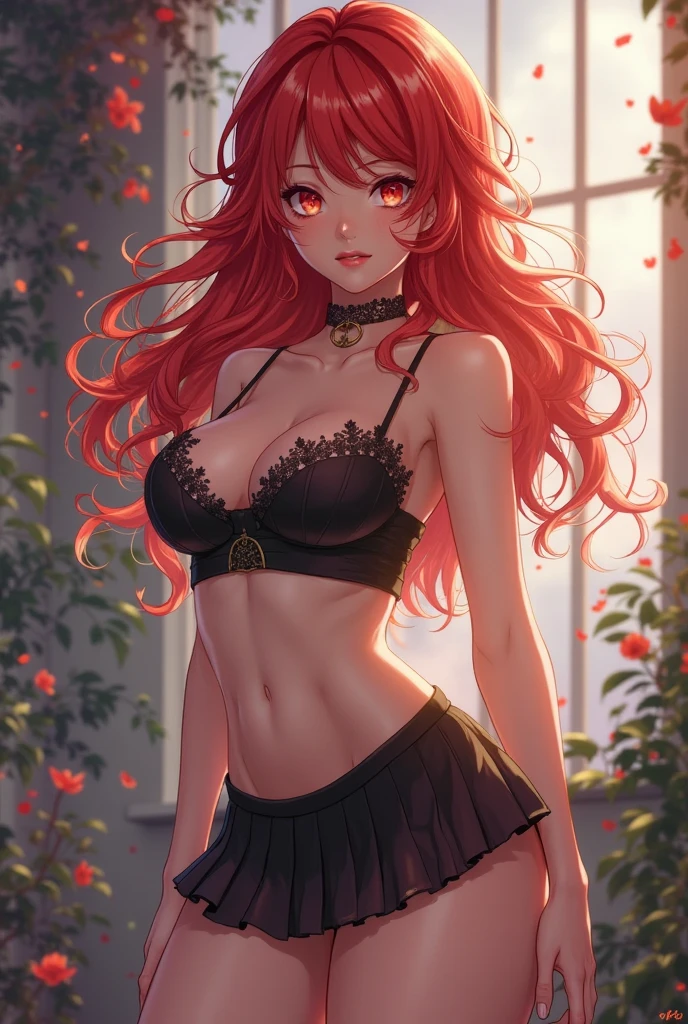 (high quality, ArtStation, fantasy art:1.2), (A beautiful thin girl, sitting), (long messy red hair), (black lace ornate bra), (lush roses garden)