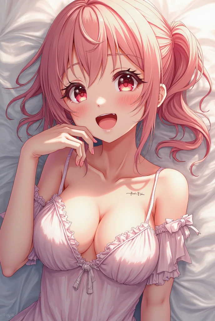 Blushing cheeks、shyly smile、optic、Upper body naked、Lovely woman,48 years old Shirtless、florals、hair pin、a necklace、piercings、Sleeping face down on the bed、depth of fields、pointed red mouth、Glossy reddish-brown shorthair、disheveled ponytail、closing eye、鎖骨、Beautiful fingers、Hourglass body、portrait of a full body、Yawn with mouth wide open、Grimacing in pain、Angle from behind、Look back and watch your audience、