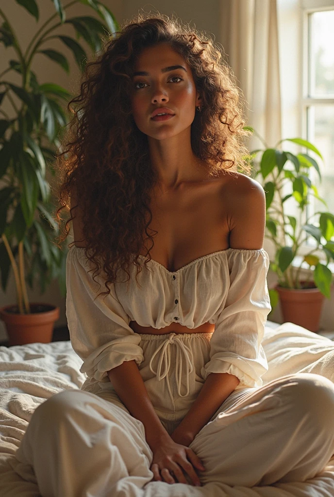 (photorealism:1.2), beautiful woman, sitting on bed, wearing loose off-shoulder top, pajama pants, long curly hair, indoors, soft lighting, plants in background, window with sunlight, cozy room, relaxed pose, realistic, intricate details, warm colors, by Greg Rutkowski, by Alphonse Mucha