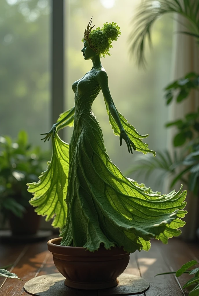 A graceful, human-like leaf, shaped like a beautiful woman, sways gently in a potted plant. The leaf moves in slow motion, its edges flowing like a delicate dress. The central vein forms a crown, while the intricate patterns of veins suggest a serene face. The camera follows the elegant dance of the leaf, capturing every subtle movement and the entire length of its body as it twists and bends with a fluid, almost magical rhythm. Soft lighting illuminates the scene, highlighting the texture of the leaf and creating a cinematic, dreamlike atmosphere as it dances in its natural space, a garden.