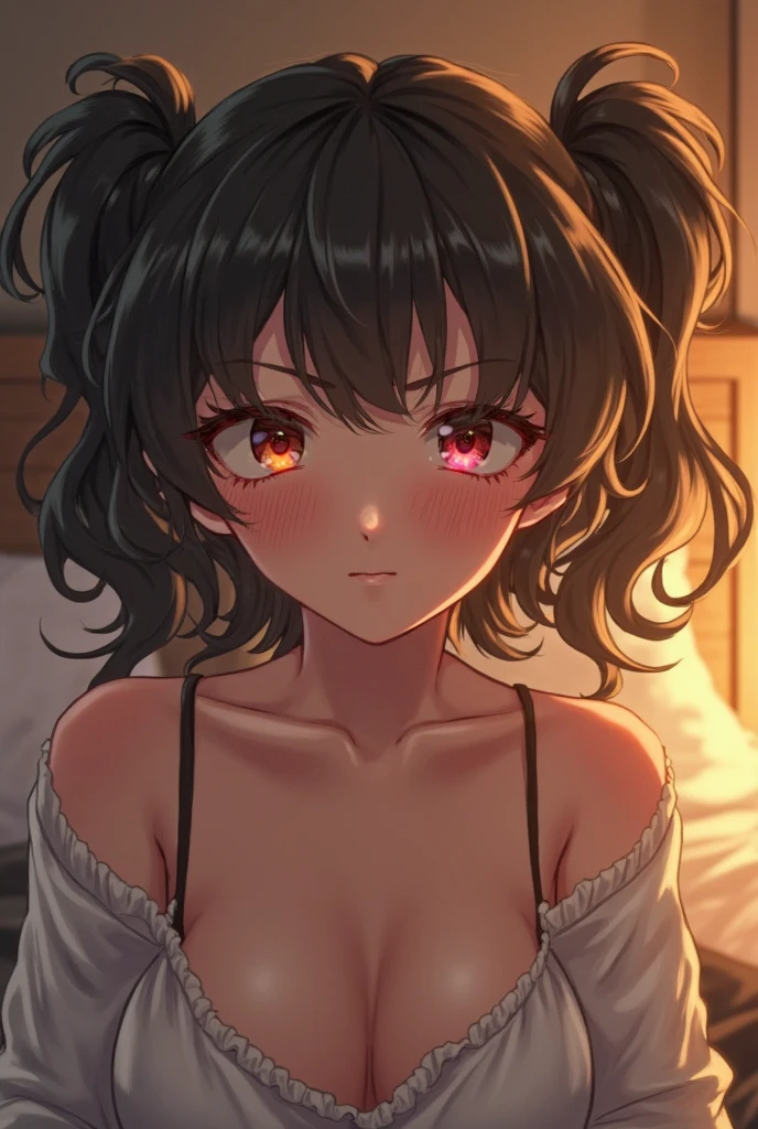 Girl with cockroach antennae at 20 years old, black eyes with yellow irises, beautiful, Brown hair, defiant look, and sensual clothes, nightgown type for sleeping, anime type , where he is crying because of a blow to his cheek