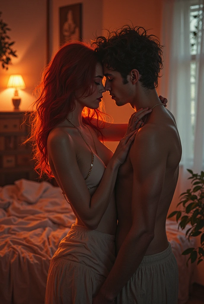 a sexy woman, tender, redhead, White skin, height 1.64m sucking a young man's penis, thin but with defined muscles, that she is having sex with him