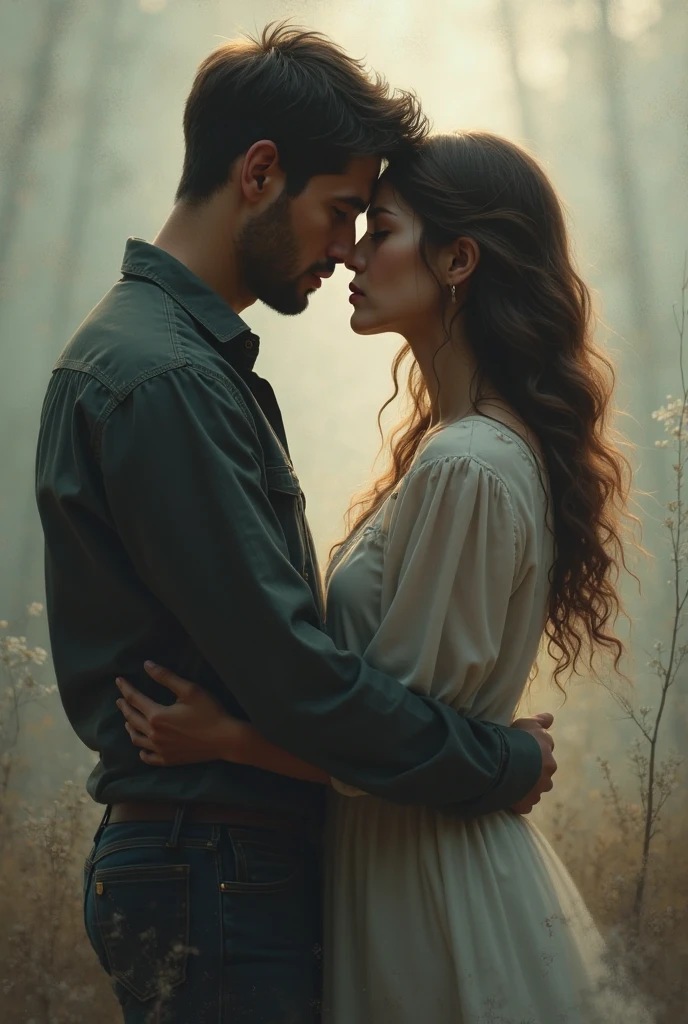 a beautiful couple romantic pose n and beautiful woman, cabelo preto, vestir,Embraced, campo, , homens fofos, Back to Back, 4k, desenho digital, animification,e, por, ilustrar