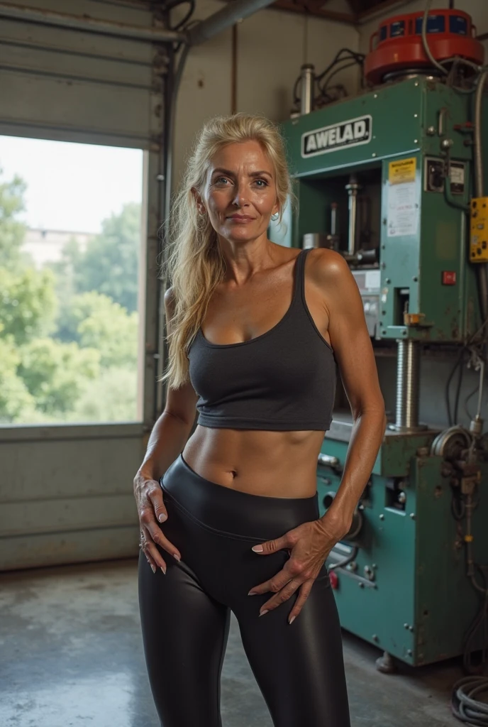 1 anorexic skinny old woman, anorexic 75 year old Deborah Harry lookalike, ((half length body portrait, sad aged face appearance, over 75 years old, naturally old but very slender sexy,)), masterpiece, best quality, super detailed, ((faded black denim vest, white tank top, faded black hipster jeans))), (((platinum blonde 1970s disco shag hairstyle with very long peekaboo bangs))), ((very dark dramatic eye makeup)) and ((extra long lashes)), ((thick red lips)), small round perky titties with (upward pointing tiny pink nipples), round small perfect white anorexic ass, ((sparse sexy white and gray pubic hair)), ((puffy red just-fucked pubic mound)), tiny thin narrow ((20-inch waist)), anorexic extra skinny veiny muscles arms, extra thin and skinny and veiny anorexic muscular legs, dramatic indoor light with a skylight, f/5.6 bokeh drama inside an abandoned factory building, she is leaning against a wood and metal work bench, a broad sexy smile looking straight at the camera, (film grain: 1.3), backlight, (lens flare: 1.1), (halo: 1.1), (chromatic aberration: 1.1), (warm tones, warm tones), aging old 75 year old very skinny anorexic thin sexy Deborah Harry lookalike, ((hard erect nipples are clearly seen through her top)), she is such a hot GILF, (aging wrinkled and age-spotted freckled face)