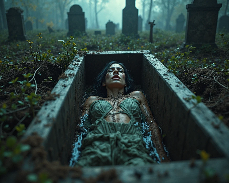 In a graveyard in front of a tombstone, a decomposing beautiful nude woman crawls out of the grave. A spectral being draped in flowing iridescent mists. The image, a stunning digital art piece, is bathed in a dreamlike haze of BLue and gold Dynamic Soft lighting. ,zombie bride