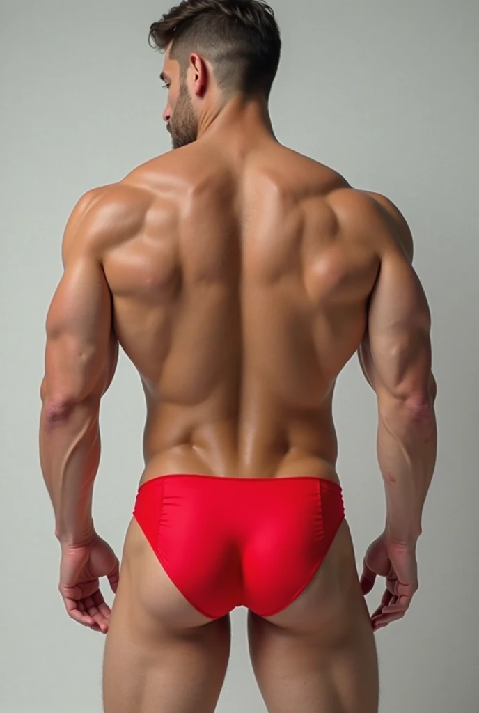 Young man in red speedo, just wide, back and full body in the office