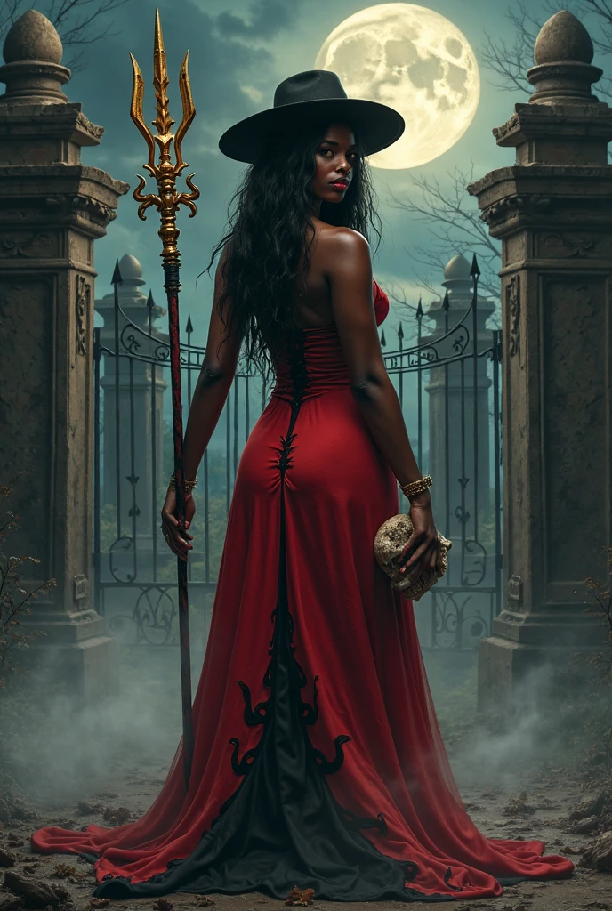 african woman, black tulle on face, long wavy fur, Red lips, black and red cape, red and gold dress, jovial laughter, full moon, knife, black goats, sexy, naked , cemetery. cauldron, calaveras, bloody, 