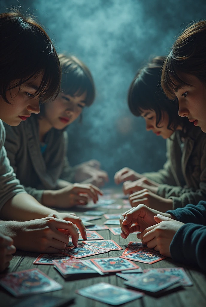 realistic photo, detailed photo, 4 girls sit on the round table and play the monster card game, gambling, worst consequence in lose