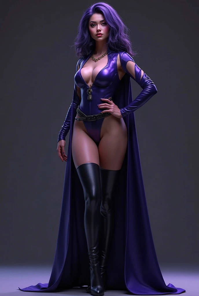 (holding pole:1.4),ShadRaven,lips,black leotard,belt,blue cloak,grey skin,blue cape,purple hair,red forehead jewel,belt,raven \(dc\),(pole dancing pruple lights,cyberpunk,nightclub:1.2)