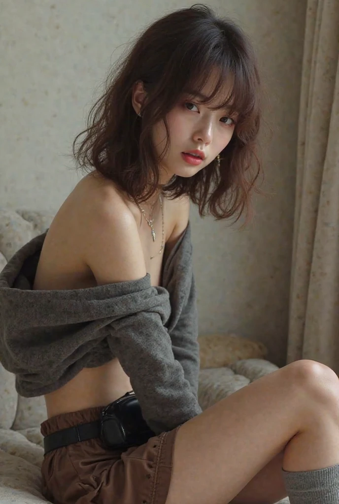 (masterpiece, top quality, best quality, official art, beautiful and aesthetic:1.2), (photorealistic, ultra realistic 32k CG), raw photo, photo:1.5, realistic:1.5, photorealistic:1.5, ultra highres, 32k, texture skin, realistic skin, detailed skin, highest detailed, extreme detailed, 32k wallpaper, colorful,
1girl, 18yo Korean, slender face, (sexy detailed and beautiful face:1.3), supermodel body, (long curly hair), bangs, beautiful eyes, crotch rope, shibari under clothes, (no panties), blush, embarrassed, ((nude, naked)), <lora:CrotchRopeShibariUnderClothesV1:1>, pink turtleneck sweater, no panties, arms at sides, long sleeves, groin, pussy juice, dripping, sitting, (spread legs wide, showing pussy:1.3), (upper knees shot:1.2),