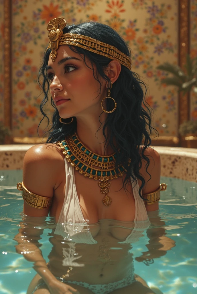 Generate a high definition image of Cleopatra, Medium and beautiful breasts resplendent in sexy ancient Egyptian costumes, reclining in a bath in a gold tub with flowers in the water . The soft glow of candlelight accentuates your radiant skin. hyperrealisti