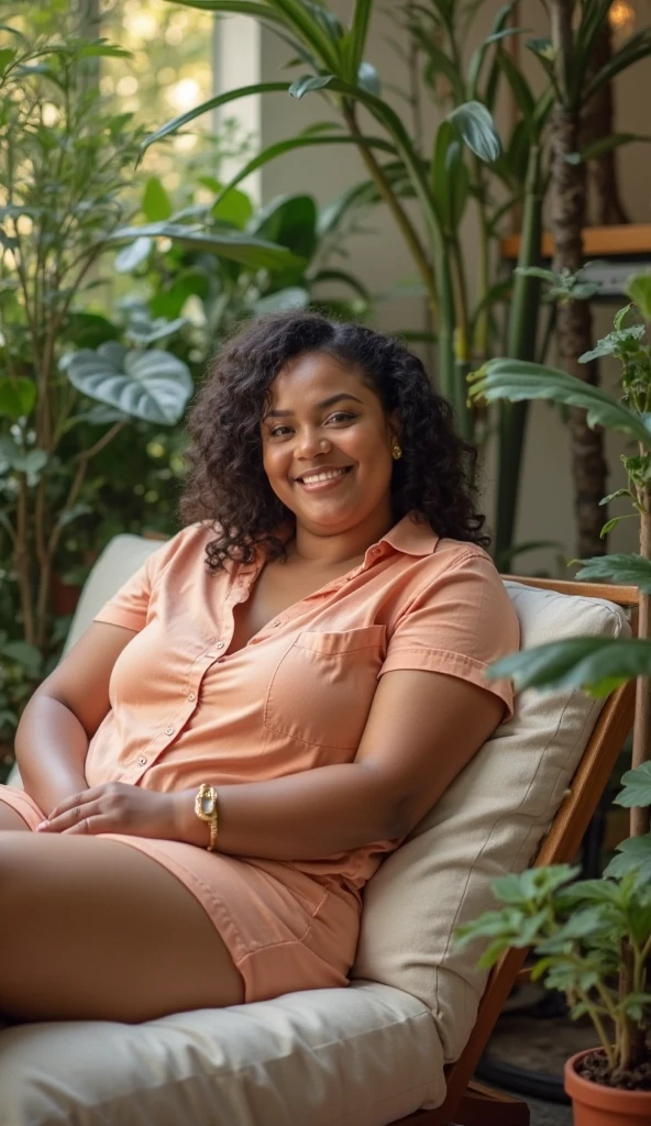 Chubby Latina Mom from Dominican Republic, brunette, sitting on the floor, wearing a sleeveless black blouse and black pants, with your curly hair pulled back in a ponytail, The photo must be taken from the front 