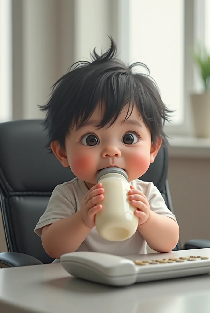 A 3D cartoon image of a 1.5-year-old baby girl wearing clothes and drinking milk quietly with a bottle in one hand