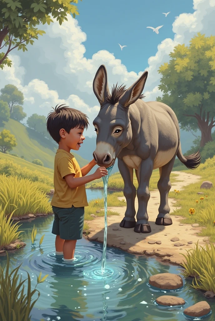 The wealthy boy is now gently feeding the donkey in a green field. The donkey looks slightly healthier but still weak. A bowl of fresh water and some hay are placed near the donkey. The same small house is far in the background, and the sun is slightly lower in the sky.
