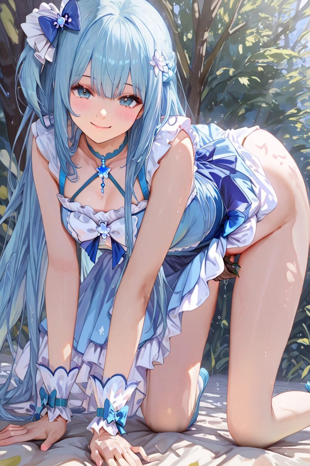 Masterpiece, Best Quality, Official Art, (Highly Detailed CG Unity 8k wallpaper), Detailed background, (Hands by Guido Daniele: 1.1), Feet out of frame, First Person View, 1, Attractive and Perfect Beautiful Woman, Schoolgirl, JK, Schoolgirl Uniform, Spring, Cherry Blossom, Wind Blowing, (Show ass, butt sticks out, flipping skirt, panties visible, gaze from diagonal down))), ( curvaceous, (white thighs: 1.12), (blue long hair: 1.12), (ahoge: 1.13), (high ponytail: 1.12), (green eyes: 1.13), looking at the beholder, big, (cleavage), beautiful face, (blush: 1.11), (smile: 1.11)