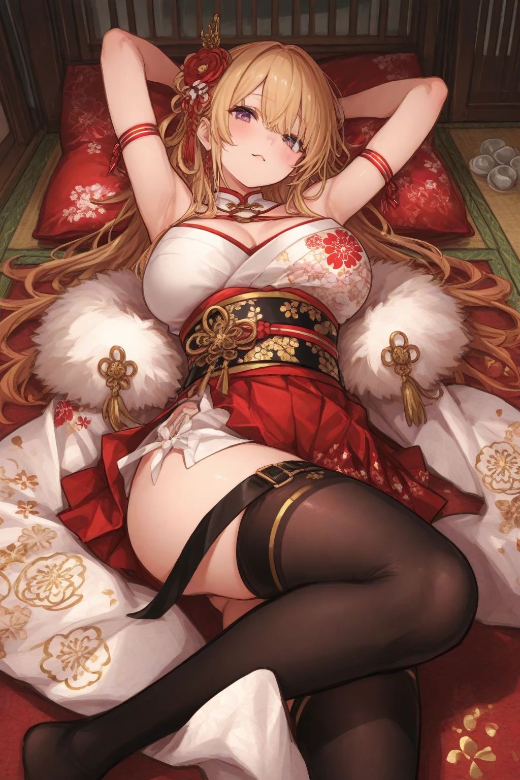 1girl, solo, 
((8k, RAW photo, highest quality, masterpiece), High detail RAW color photo professional close-up photo, (realistic, photo realism:1. 37), (highest quality), (best shadow), (best illustration),  blush, breath, smile, solo, thighs, ((masterpiece)), sideface, very detailed face, Masterpiece, best quality, yukka uniform, Yukka Ende, (blush, embarrassed), red dirndle, red silk hat, woody bedroom, window, blue sky, daylight, red small hair bows, blue eyes, 1girl, solo, red skirt, realistic white panties, crotch seam, Cameltoe, open mouth, sitting on bed, loli, knees up, hugging legs, ;)