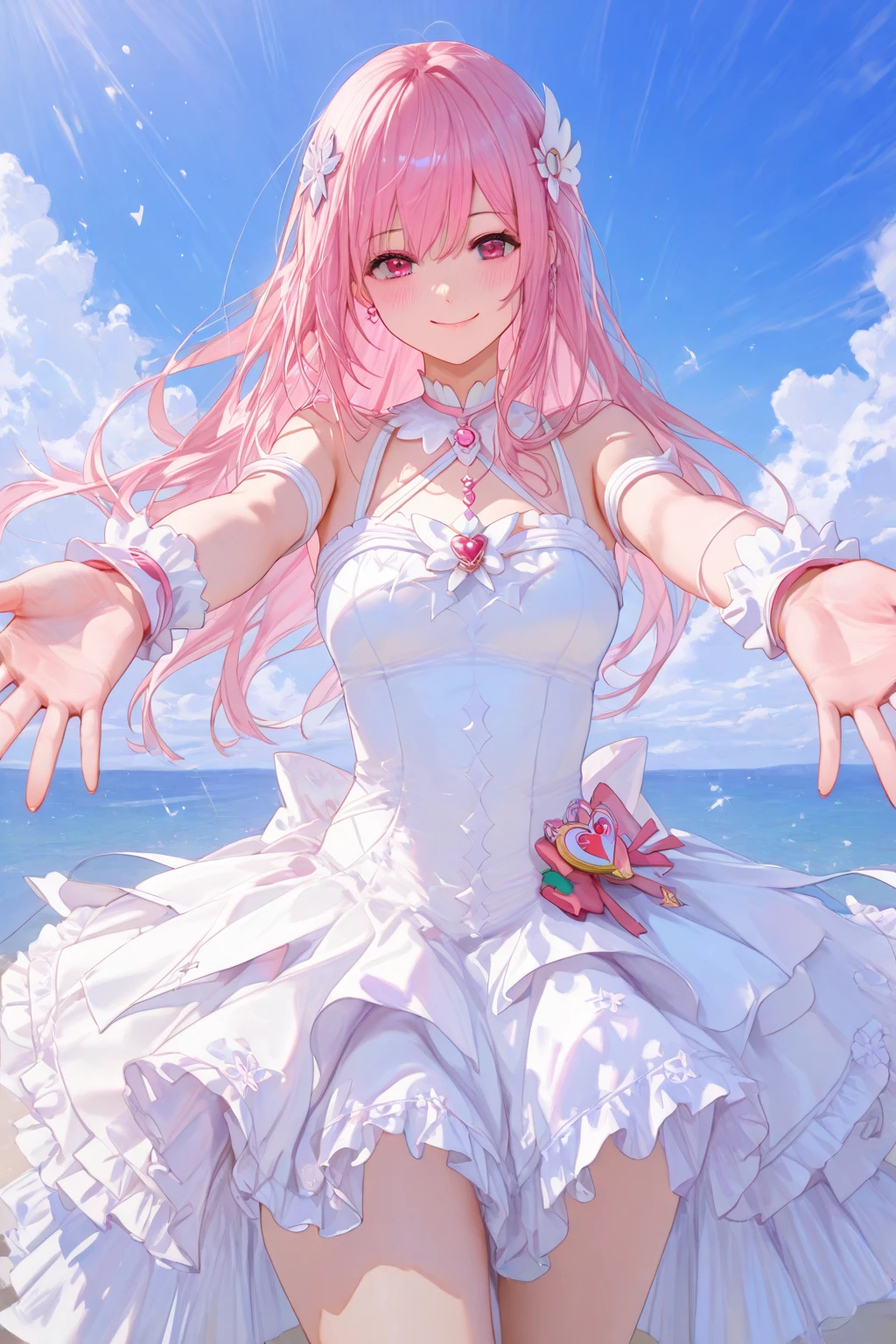 tmasterpiece,best qualtiy,cinematic Film still from,1girl,Floating in the sky,Cloud Girl,clouds,(closeup cleavage:1.1),brightly,cheerfulness,intriguing,gentlesoftlighting,(bauhause,shape,lineworks,abstracted:1.1),Pink
