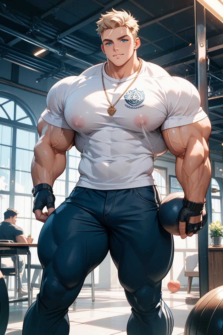 (masterpiece, best quality:1.2) solo, male focus, 1boy, endeavor, muscular male, large pectorals, expressionless, closed mouth, looking at viewer, crossed arms, superhero, blue bodysuit, fingerless gloves, fire