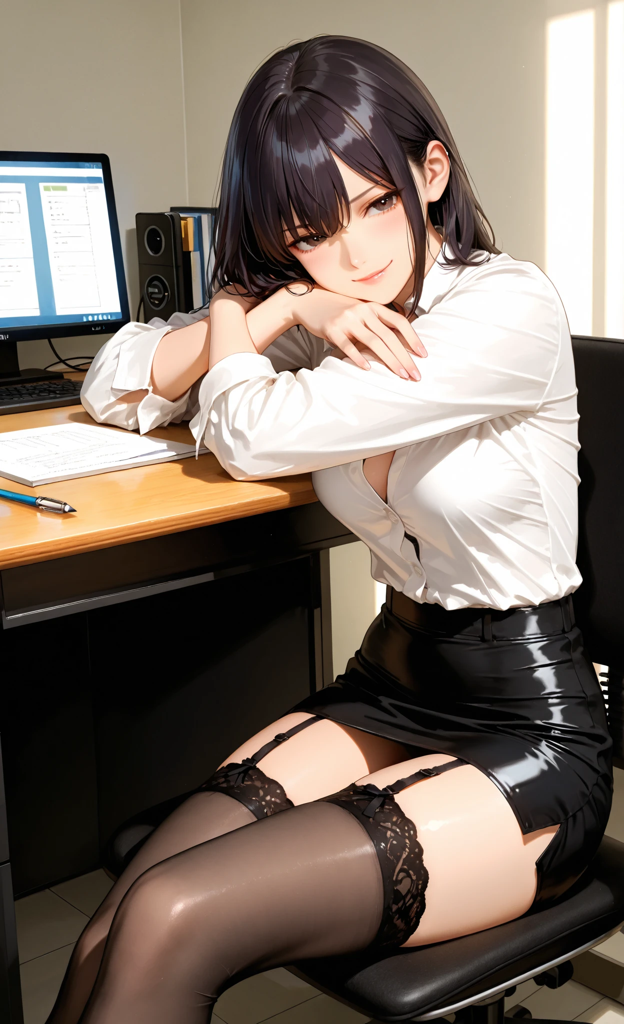 juri han, work of art, tight white secretary shirt with black tie, black high waist skirt, short skirt, black hair, black tights, evil smile, office, bangs in the eyes, lighting, hair horn, vision of up, looking up, smile, sitting on an office chair, legs crossed,corpo detalhado,belo corpo,imagem detalhada