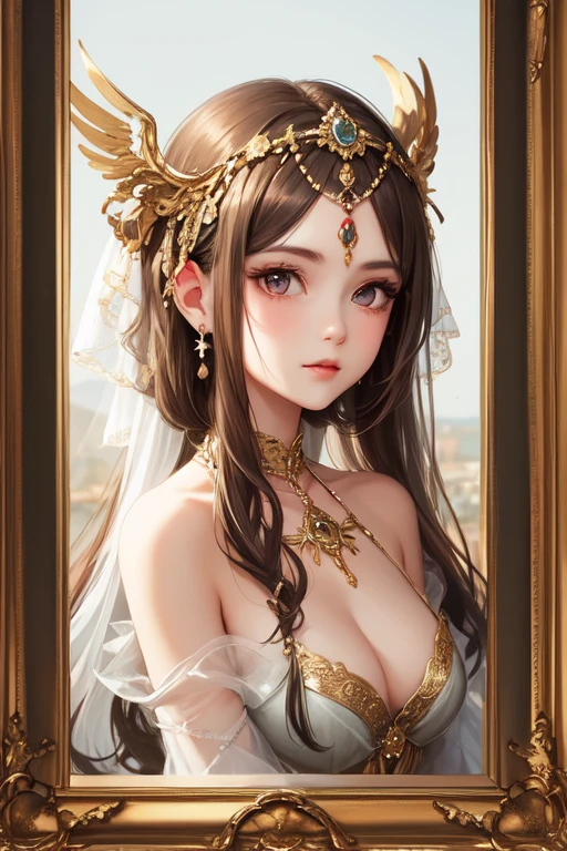 (masterpiece, sidelighting, finely detailed, beautiful eyes: 1.2), masterpiece*portrait, realistic, 3d face, lustrous skin, (red braided hair), silver eyes, serious face, white dress, partially transparent, cleavage, head ornament, ruby necklace, detailed background, abandoned royal palace, plants on walls, sparse grasses on floor