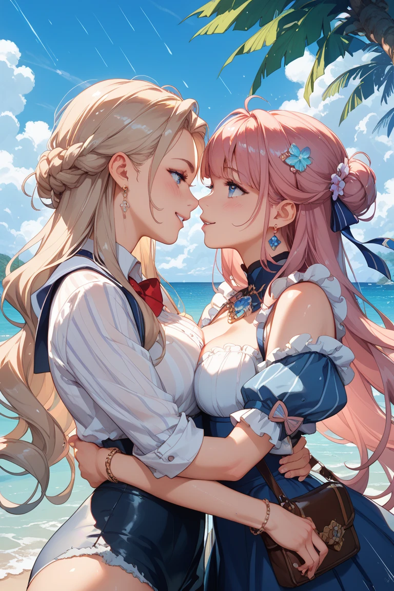 2 women, blonde very long hair, red eyes, wearing a sexy pink dress, side slit, ultrasharp, looking at the viewer, ((best quality)), ((masterpiece)), (detailed), perfect face, big breast, sexy body, sexy woman on top of her, hugged, An anime scene of two girls hugging and kissing intensely, with hearts and sparkles floating around them as they lie down on beach