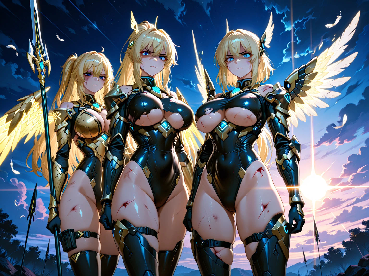 (((front light))),((ass pov)),((((front lighting)))),(Photorealistic: 1.4), (masterpiece, Beautiful and slim naked: 1.2), Perfect proportions, Big Breasts, Narrow waist,,((Thin waist and slim thighs)),(((Two blonde, blue-eyed European girls))),((Holding a long golden spear)),((Golden armor is worn on both thighs.)),((Smiling Girl)),((The big wings of the archangel)),((Equipped with a shield on the arm)),((Spread your big angel wings wide)), ((Saluting with a golden rifle)),((Front lighting)),((The body is naked)),((Equipped with a shield on the arm)), Ultra-realistic capture, Highly detailed, High resolution 16k close-up of human skin. Skin texture must be natural, ((Medium Shot)),((West Shot)),((((Forward light))),((((Elegant nude elegant girl)))) ,((Slender naked)),((Two skinny naked girls of European descent)),(((A nude figure facing the viewer))),(((Small breasts and exposed genitals))),(Young girl exposes her genitals))),(((The thighs and head fit within the screen)),(((View from head to thigh))),((Beautiful and balanced body)),((Do not show anything below the thighs)),((bottomless)),((topless)),((The left and right arms and left and right thighs are equipped with golden armor.)),((ass pov)),(((from front))),(((cowboy shot))),(((standing pose))),photo realistic,master piece,((ultra detailed)),looking at viewer,smile,photorealistic,Shiny baby blonde silk hair,((She has a large hair ornament and golden armor on her belly.)),((Looking at the viewer from the front)), (((Young face and young body)),((Looking horizontally at the viewer)),(Exposing the viewer to full frontal nudity),((Face forward and look at the viewer at the same height)),((Show your naked body to the viewer with your hourglass figure)),(((Wearing a large golden hair ornament))),No underwear ,((((Naked elegant and graceful girl)))) ,((Naked from head to thighs))、((No underwear whatsoever))、((Head to knee nude shot)),((Beautiful hourglass figure)),((Wearing a cape)),((Beautiful style)),Beautiful and detailed character art, Very detailed, Girl in shiny armor, Beautiful white and shining skin, Unparalleled beauty, ((Shiny baby blonde silk hair)),Realistic, 3D Face,Shiny Hair, Glowing Skin,((Thin Hair,No makeup,Brilliant Light)),Fantasy,Beauty products,Very detailedな顔のテクスチャ女性,Soft natural light,Create a dreamy and magical atmosphere.