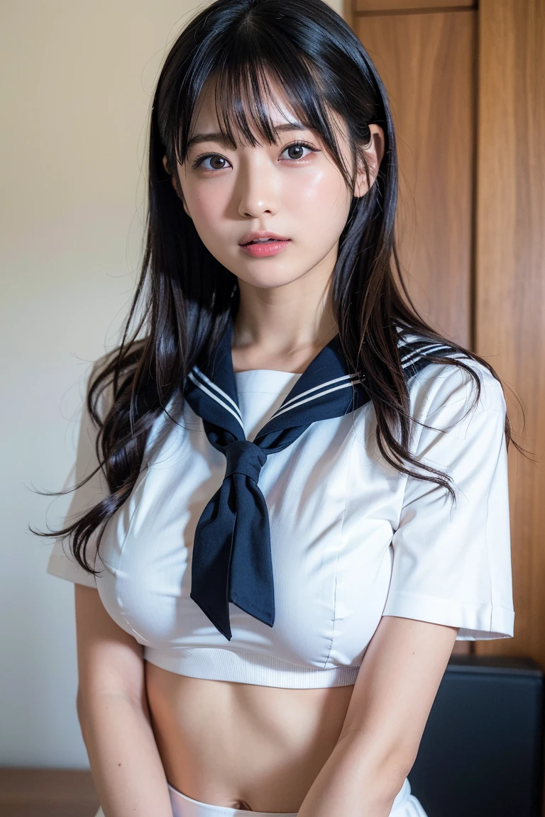 (best quality:1.4),(masterpiece:1.4),(Practical:1.4),(Practical:1.2),(超high resolution, RAW photo:1.4),(high resolution, Very detailed:1.2),(8K:1.2),photo,一张黑发photo,A girl,Solitary,,nipple,naked,((Uniforms, Sailor Suit, Navy blue and white traditional Japanese style, Exquisite satin ribbon and pleated skirt)),((Large Breasts)),((Upper Body:1.3))