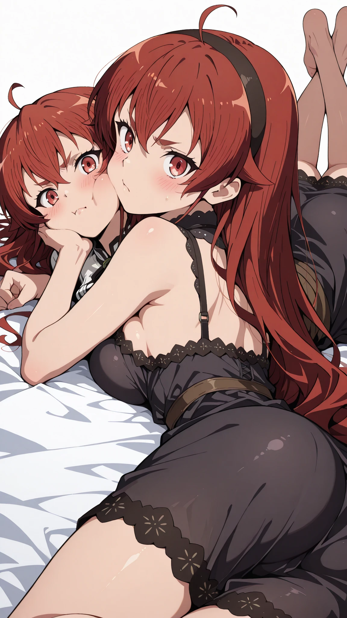 2women,Surtr(Arknights),Exusiai(Arknights),red hair,curvy body,wearing Muslim clothes(Surtr),big breast,big thighs,nsfw,bedroom, hugging, kissing passionately,touching each other,red hair, wearing Muslim dress(Exusiai),laying on bed,crying,nsfw