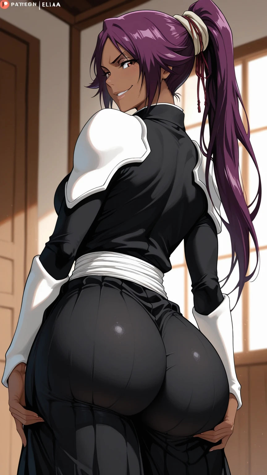 best quality, masterpiece, 1girl, (solo:1.1), raytracing, ultra detailed,detailed face, 8k wallpaper, wide hips, smile, HimejimaAkenoNDV, 1girl, black hair, large breasts, very long hair, purple eyes, red skirt, , shirt, corset, ponytail, hair ribbon, ribbon, outdoor, black panties, BREAK, ( ((view back:1.2)), ((From bottom :1.2) ) rest standing on a long, elegant staircase,