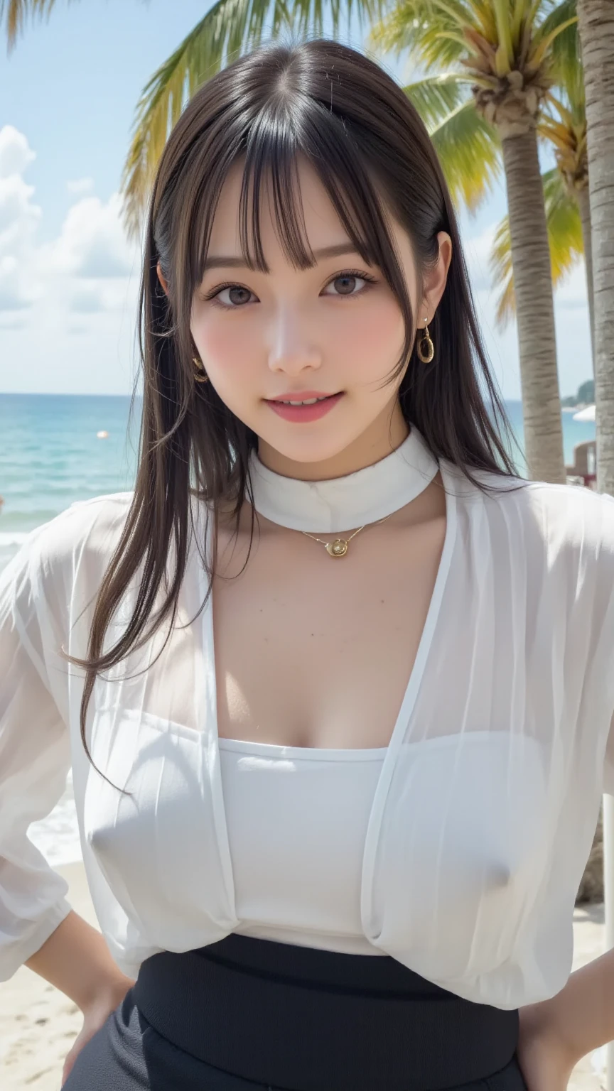 Photo-realistic quality、A Japanese woman standing on the beach wearing a pale gray-pink sheer dress, 、The skirt is transparent due to the backlight、realistic Young Gravure Idol, Young and cute gravure idol, Young Sensual Gravure Idol, Young and skinny gravure idol, Japanese Model, Young Gravure Idol, Girl cute beautiful face, Cute seductive smile, A sophisticated gravure idol, Beautiful Japanese girl face、looking at the camera、Detailed and beautiful eyes、A soft and gentle look、Slightly larger breasts
