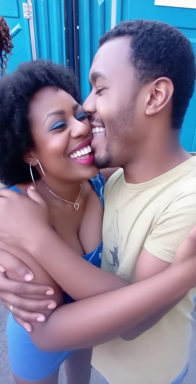 there is a man and woman kissing in a restaurant, kissing together cutely, they are in love, photo shoot, instagram post, homem negro cabelo crespo kiss , smooth in _ the background, photoshoot, high quality upload, acclaimed masterpiece, mixed art, lovely couple, couple kissing, profile image, instagram photo, couple pose, taken with sony alpha 9