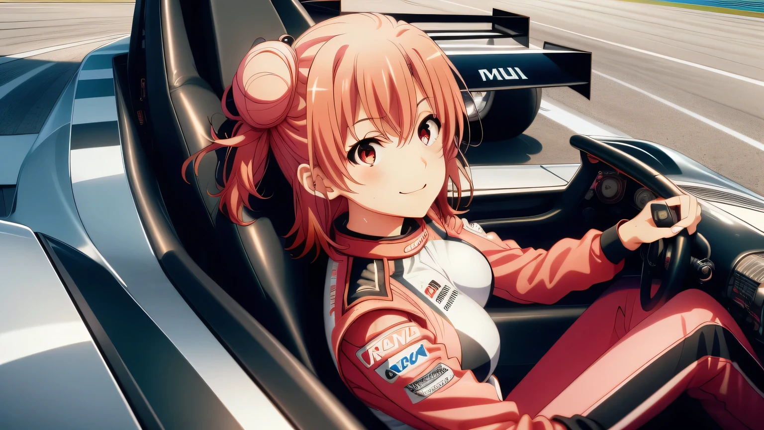 {{{masterpiece}}}, (best quality:1.5), (ultra-detailed:1.5), {illustration}, {{an extremely delicate and beautiful}}, (beautiful detailed eyes:1.6), absurdres, highres, extremely detailed face, 16k, hd, visual anime de uma jovem mulher, extremamente bonito rosto de anime, anime melhor garota, (perfect hands, perfect anatomy), (five fingers:1.1), anime face, Yuigahama Yui (Oregairu), aayui, 1girl, solo, cute face, (short hair:1.2), (single side bun:1.5), hair between eyes, pink hair, big eyes, (red eyes:1.4), big breasts, big hips, curvaceous, BREAK, (racer suit:1.3), Jumpsuit, F-1 racer standing on the circuit, glove, BREAK, smiling,  formula1, Formula One car, driving a formula racing, fingers on steering wheel, (sitting on cockpit:1.3), speed lines, sweat