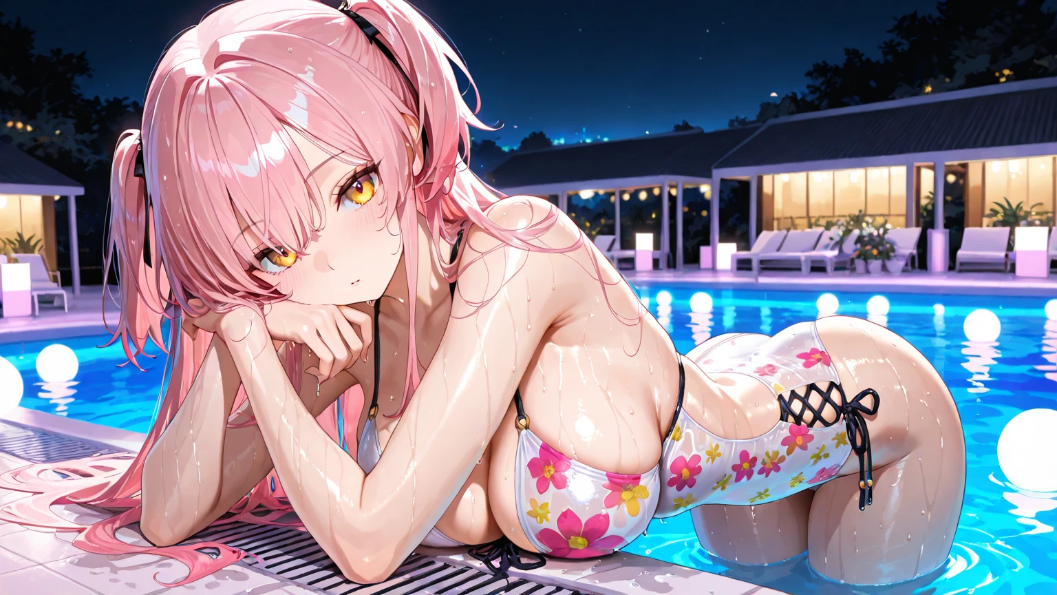 high angle,from above,cleavage,(wearing elegant pink frame glasses),
(beautiful pink and green butterflies and dragonflies all over the place),colorful flowers,fantasy beams and lights,
((masterpiece:1.4, best quality)), ((masterpiece, best quality)),wet full body, bathing in the water,(beautiful emerald green lake),water splash,lovely laugh,((sexy colorful japanese yukata)), ((black and red elegant string tied summer bikini)), (Lace chalker, wristband, diamond necklace,earrings),cinematic lighting and pause,beautiful natural mysterious park,night sky,full moon,(beautiful pink and red butterflies and dragonflies all over the place),