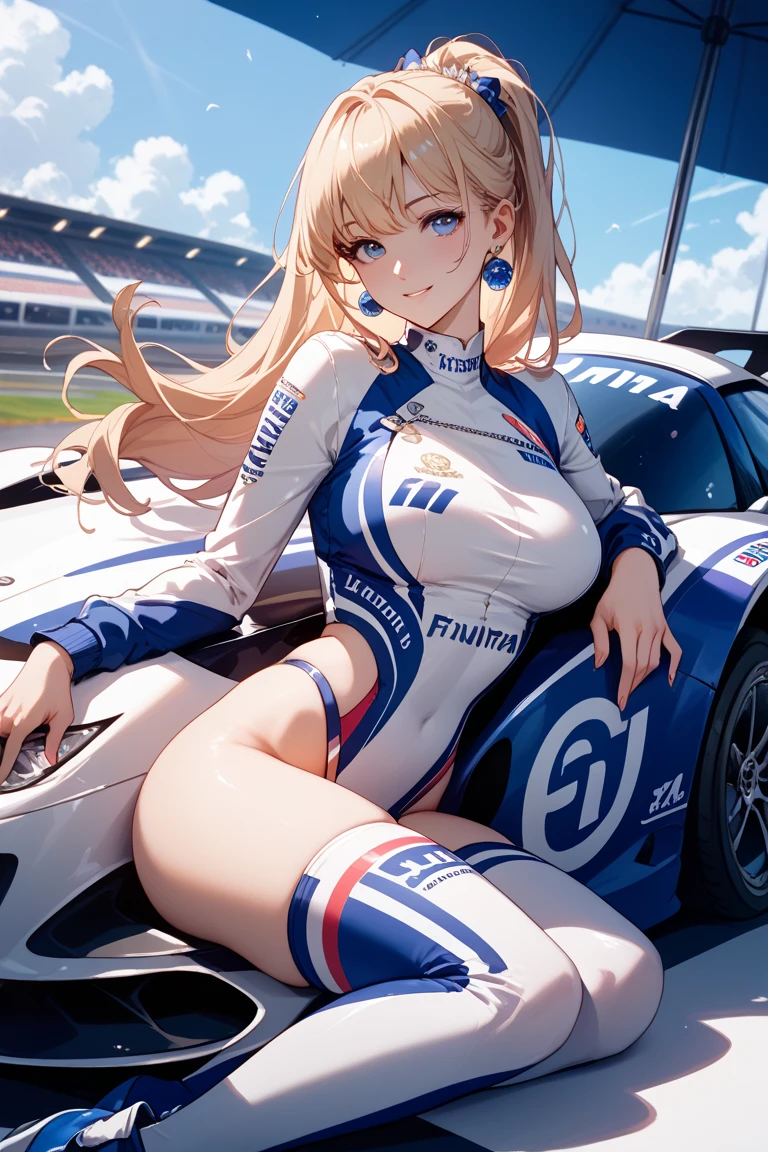Highest quality, Great quality, 16K, Unbelievably absurd, Very detailed, 2.5D, delicate and dynamic,blue sky, Small face, Very delicate look, Delicate eye depiction, Very Fine Hair, Sexy Woman, Muscular, Height: 175cm, Blonde,Short Hair,Sexy long legs,Race Queen , 派手なRace Queenのコスチューム,Tight Skirt, White Leather Long Boots, Auto Racing Track,Cinema Lighting, (Perfect glowing skin:0.6),Always high quality CG Unity 8K wallpapers