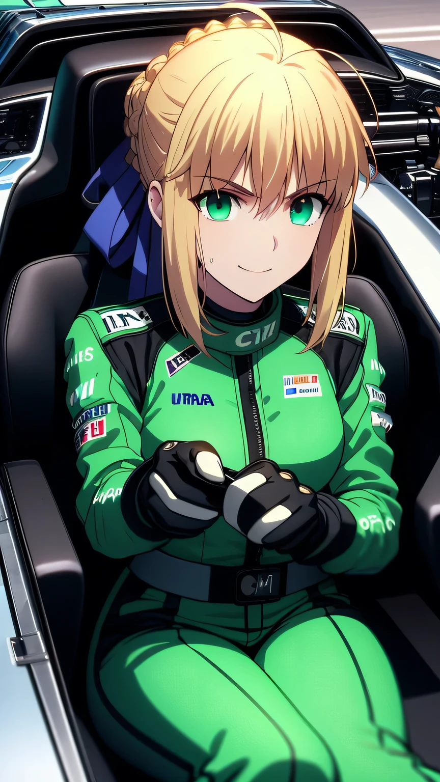 {{{masterpiece}}}, (best quality:1.5), (ultra-detailed:1.5), {illustration}, {{an extremely delicate and beautiful}}, (beautiful detailed eyes:1.6), absurdres, highres, extremely detailed face, 16k, hd, visual anime de uma jovem mulher, extremamente bonito rosto de anime, anime melhor garota, (perfect hands, perfect anatomy), (five fingers:1.1), anime face, Artoria Pendragon(Fate stay night), phSaber, 1girl, solo, cute face, blonde hair, short hair, blue hair ribbon, braided bun, single hair bun, bangs, sidelocks, (green eyes:1.3), pale skin, medium breasts, big hips, curvaceous, BREAK, (racer suit:1.3), Jumpsuit, F-1 racer standing on the circuit, (glove:1.2), BREAK, smiling, formula1, Formula One car, driving a formula racing, fingers on steering wheel, (sitting on cockpit:1.3), speed lines, sweat