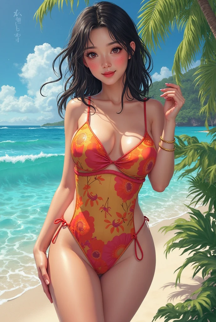 best quality, photorealistic, beautiful woman, perfect body, huge breasts, huge ass, cute printed micro bikini, house pool, standing pose, sky, trees, elaborate details, vibrant