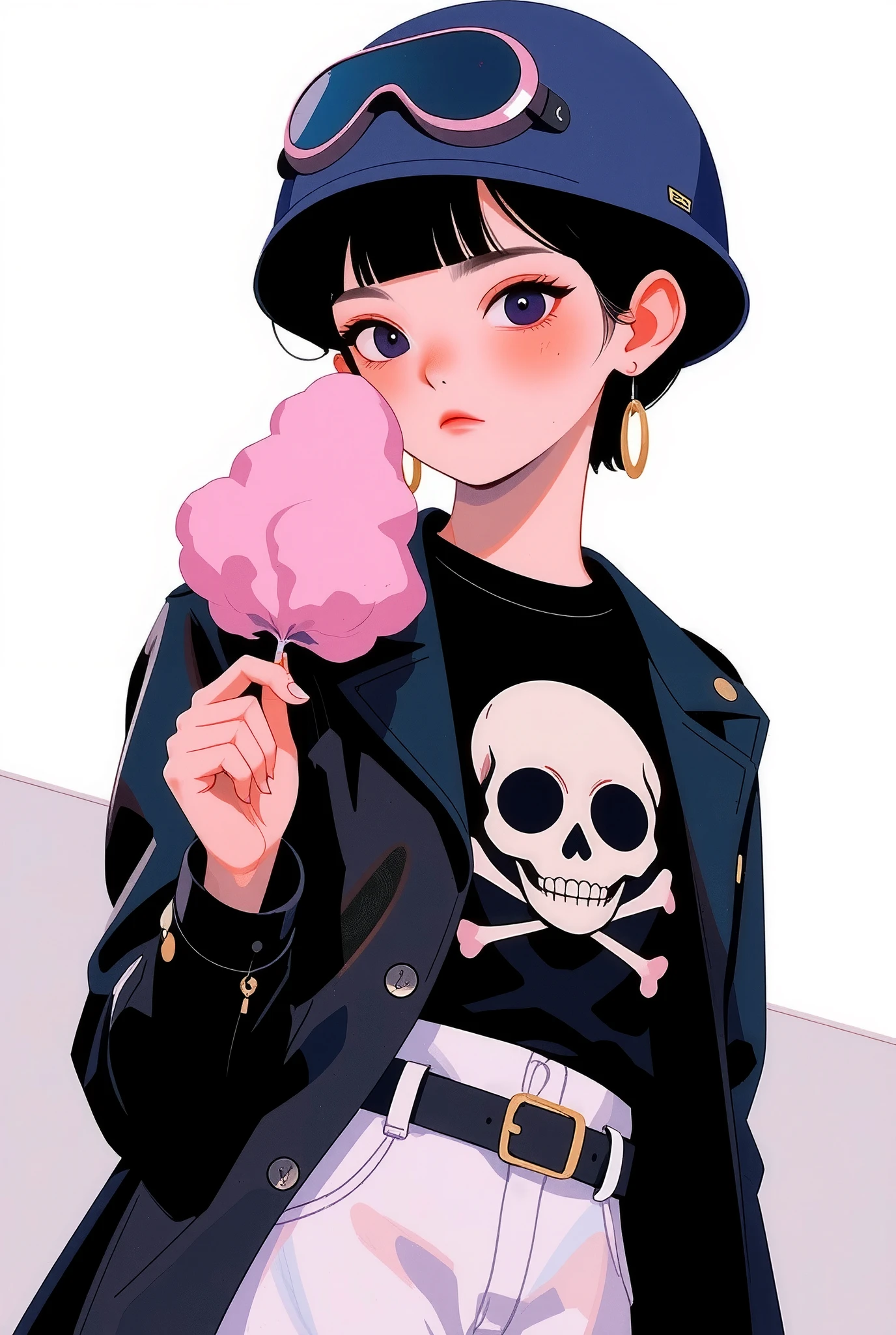 ((  profile side )) Pale skin girl in a black leather jacket, t-shirt with strips and skull printed,  short black, long and stylish legs , He's wearing a 1920s-style helmet, he's holding cotton candy.