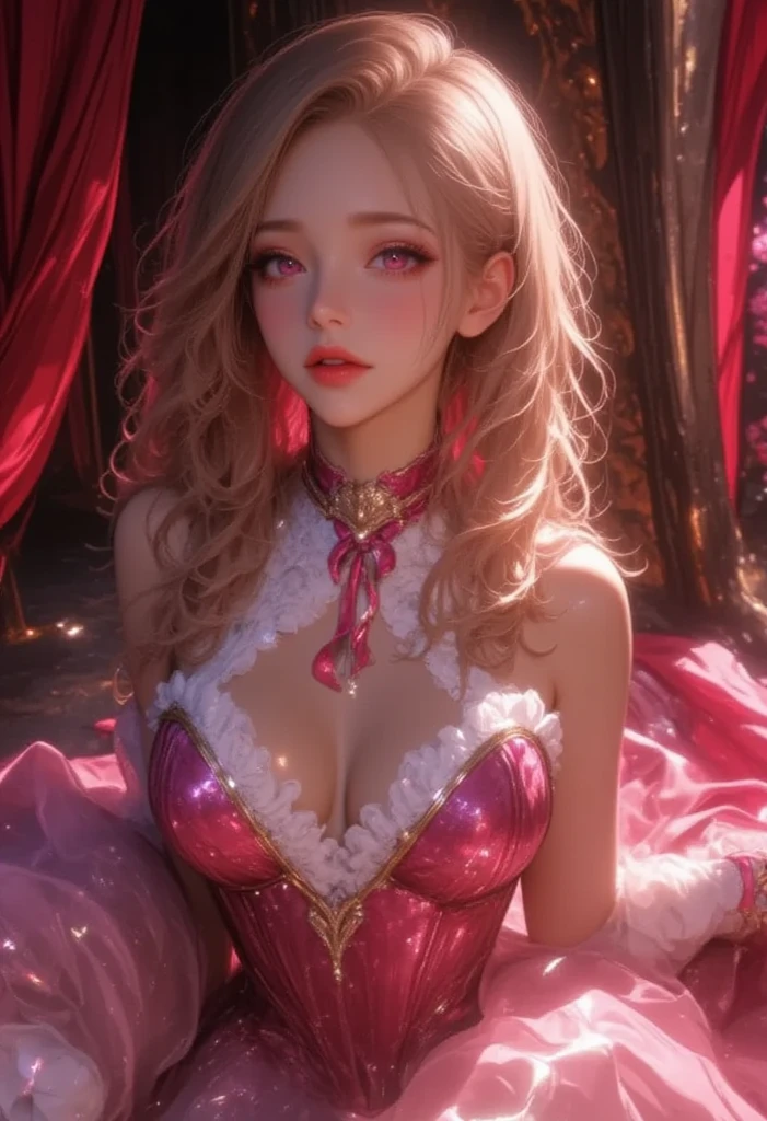masterpiece, best quality, extremely detailed CG unity 8k wallpaper,((Upper Body)) ,((Upper Body head close-up shot of a beautiful little girl)), , Elegant Long straight blonde hair, (Mckenna Grace), ((gigantic breasts,thighs,Autoluminescence skin)),Transparent (purple-green) golden (Glittering tutu,long Bunny Ear Headgear, , Bow-tie, No panties, genitals visible), ((Kneel,spread legs)),(), (Blush), , (seductive smile), (A world of ice and snow), pretty face, key art, award winning, intricate detail realism hdr, by (ruan jia and artgerm and range murata), Photorealism, Hyperrealism, ultra realistic, dramatic light, intense shadows, gorgeous view, depth of field