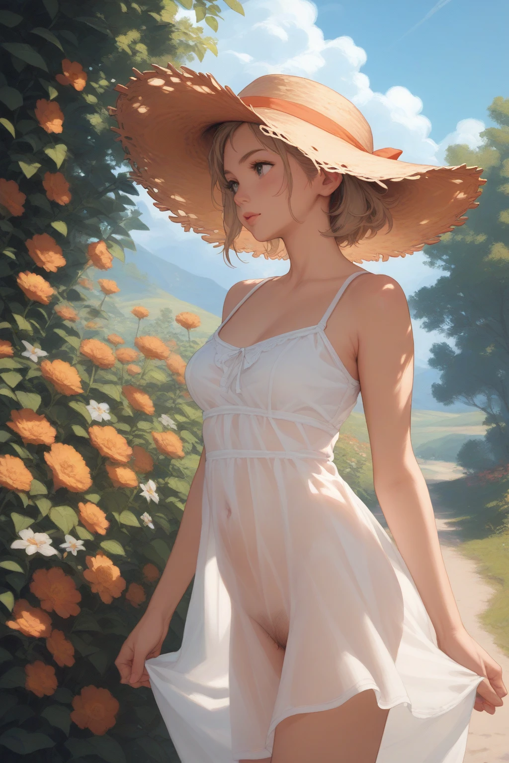 
alone in the universe, Paint in watercolor style, Photorealism, discreet golden and ruby and mint shades, (nude) gentle modest thin girl 16 years old (with a very beautiful exquisite face) with tender nipples with blond hair walking barefoot in the distance (around the southern town) early morning (along the houses)