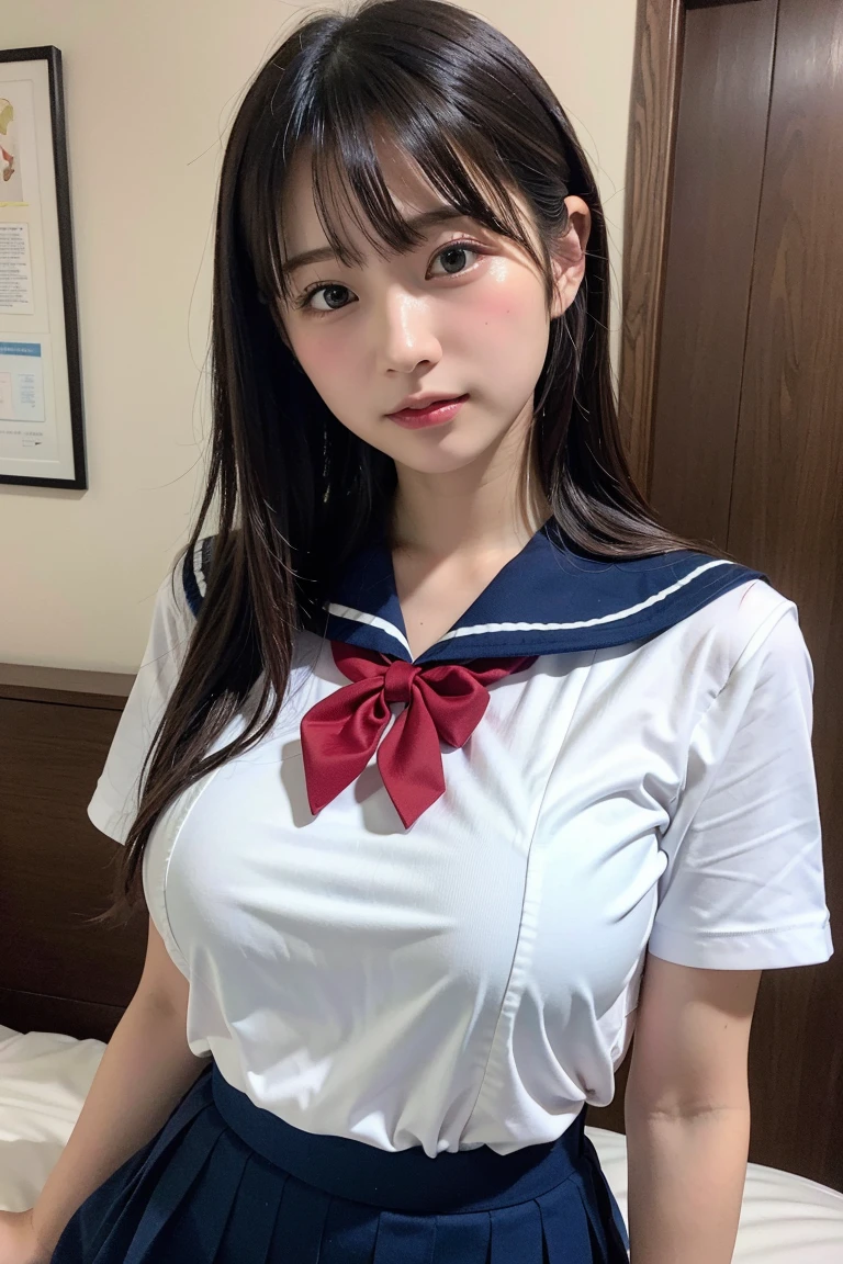 absurdres, (masterpiece, best quality), (ultra-detailed), extremely detailed,super high resolution, (Top Quality photorealistic Illustration), (Super Definition), (best quality,masterpiece:1.0),(cute illustration:1.3), (high Saturation:1.2), highres, ultra-detailed, 32k,8k resolution, intricate details, cinematic scene, detailed background, Soar (High chroma),(Sparkling),bathroom, BREAK (1 girl)  (kawaii:1.6), (cute:1.6), Beautiful and delicate eyes, Delicate and beautiful face, Facial accents, Perfect figure,(sailor uniform lift:1.6), (show off nipples:1.6), (exposing bare breasts:1.3), (exposed chest:1.3), (very small breasts:1.8),Uniforms、bright expression、poneyTail、Young shiny shiny white shiny skin、Best Looks、Natural black hair with dazzling highlights、shiny light hair,、short silky straight hair、Beautiful bangs that shine、Double eyelids、eye liner、Glowing crystal clear attractive big brown eyes、Very beautiful nice cute 14 year old Nordic girl、