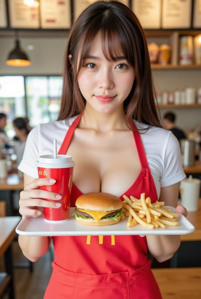 To NS FW, Young Japanese woman wearing McDonald&#39;s&#39;S&#39;S&#39;S&#39;S&#39;S&#39;S&#39;S&#39;S&#39;S uniform, (Unbuttoned half of his red shirt), (Low black pants), Stand behind the McDonald's counter, lower chest, ((Colossal tits)), ((arms behind back)), ((Sexy)), ((Lower breast))