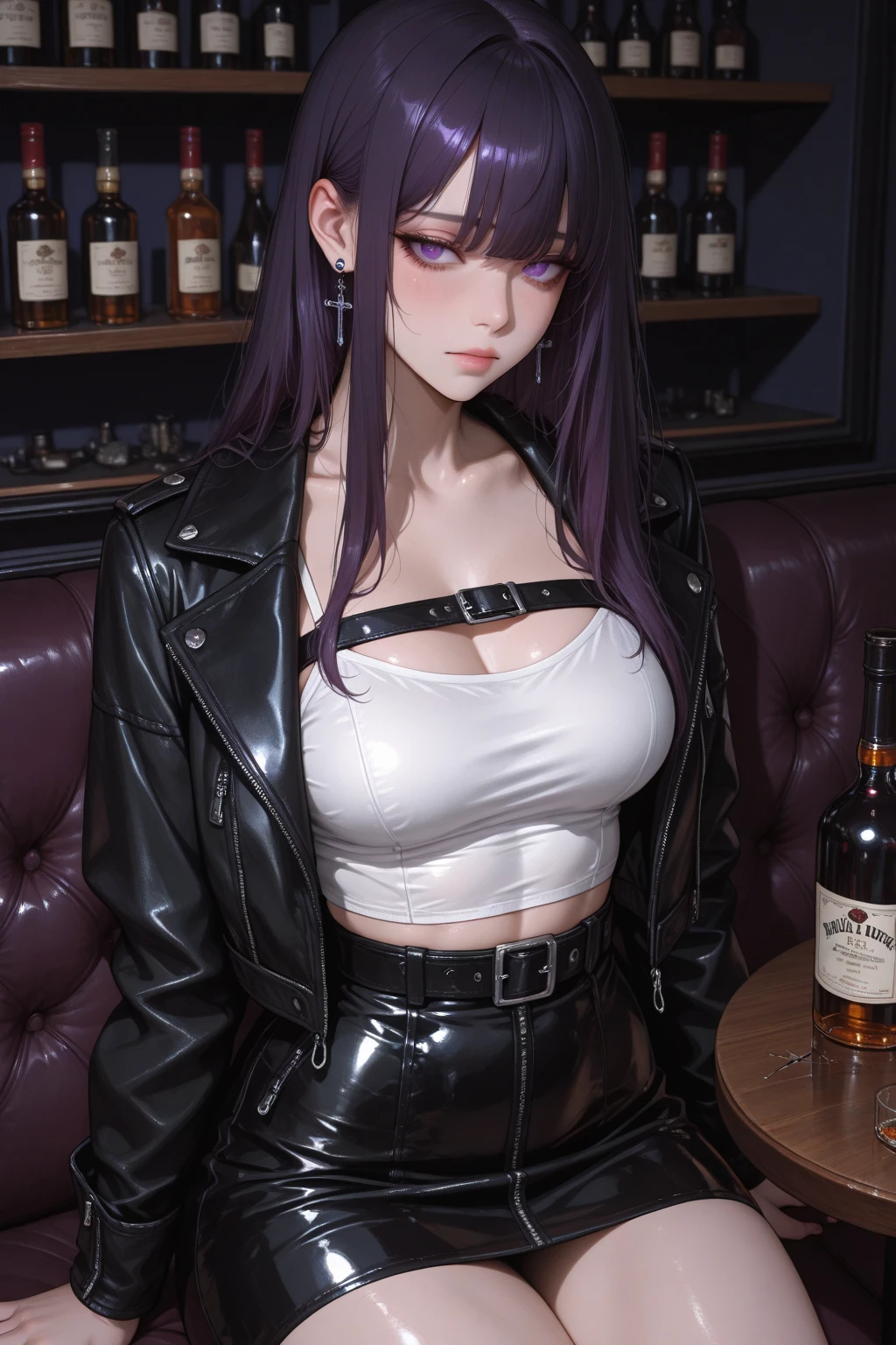(best quality:1.1), (Masterpiece:1.2), High quality shadow, beautiful details, Beautiful face, Detailed eyes, depth of field, high resolution, best shadow, best light, 1 girl, see the audience, shiny purple hair, smooth, blunt, long hair, ruby pink eyes, shy, very big breasts, pump, Single strap shirt, black leather jacket, black leather skirt, table, mirror, liquor bottle, night time, rift, eyes, pub bar background, sexy, cool, throw, Cool ,Ear jewelry, Sitting cross-legged, sofa , bitch