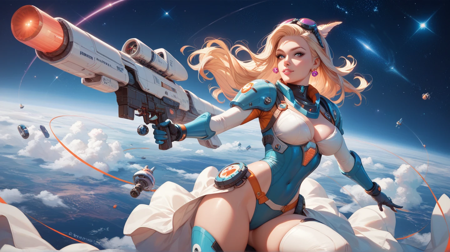 young girl, ((full body)), ((white ultra micro-bikini)), blond hair, blue eyes, ((with her head, hands and legs armored)), fighting in the space ship,