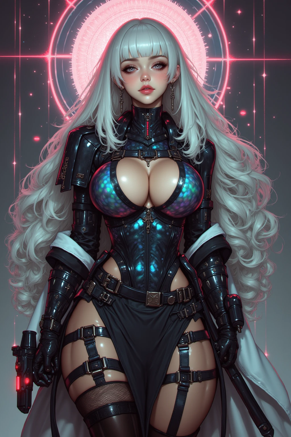 (masterpiece), best quality, expressive eyes, perfect face, beautiful details face, beautiful round eyes, full body, A beautiful mature woman in cyber armour suit shows her Extremely busty and attractive breasts, (arrogant face), (platinum pink hair), (high ponytail, expressive hair, shiny hair, glowing hair, multicolored hair, gradient hair, colored inner hair, straight hair, medium long hair), fair skin, (beautiful detailed full bodysuit:1.3), (full body cyber armour), glowing and shining armour, silver and pink cyber armour, (Edge lights:1.3), (silver and pink colour scheme:1.3), neon light on armor, beautiful details eyes, (pink eyes:1.3), (glowing eyes:1.2), (Gigantic saggy breasts:1.5), tight breasts, thick body, (well accentuated curves), pink lips, (silver nails), mascara, Long eyelashes, eyeliners, (Extremely wide well defined hips:1.3), (beautiful massive thick thighs:1.3), slender figure, (Extremely detailed skin texture:1.2), beautiful detailed realistic muscle definition, golden lights that shimmer, high detailed eyes, ultra-high quality model, proportionate, intense colouration fantasy, (background fantasy floating cyber city), pink and gold tetradic colours, random poses, earrings, (1girl), solo, shine